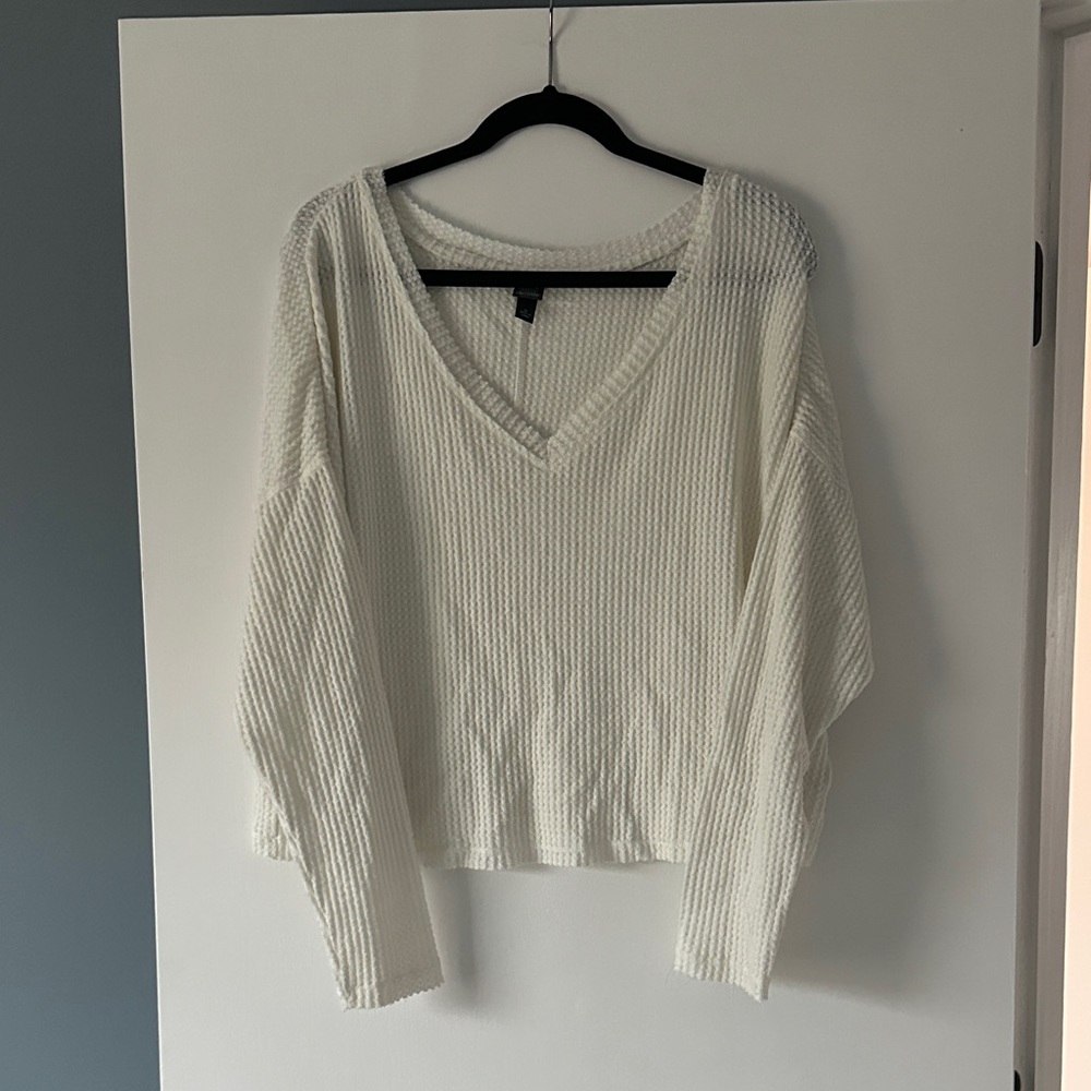 White V-Neck Waffle Knot Sweater